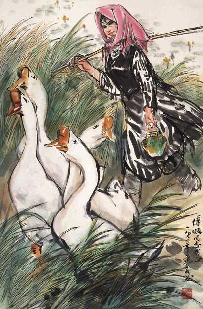 黄冑 1974年作 牧鹅图 立轴